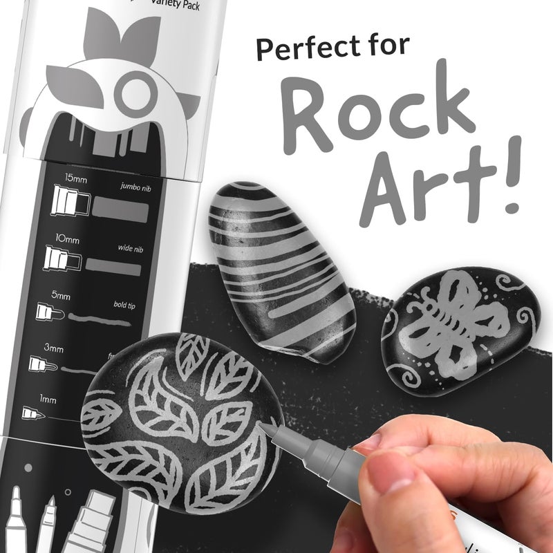 Funcils 5 Grey Acrylic Paint Pen - Fine Tip, Thin Point & Jumbo Pens (1mm, 3mm, 6mm, 10mm, 15mm) - Gray Paint Marker for Fabric, Canvas, Wood, Rock Painting, Tire, Metal, Glass - Water-based ink - Image 3